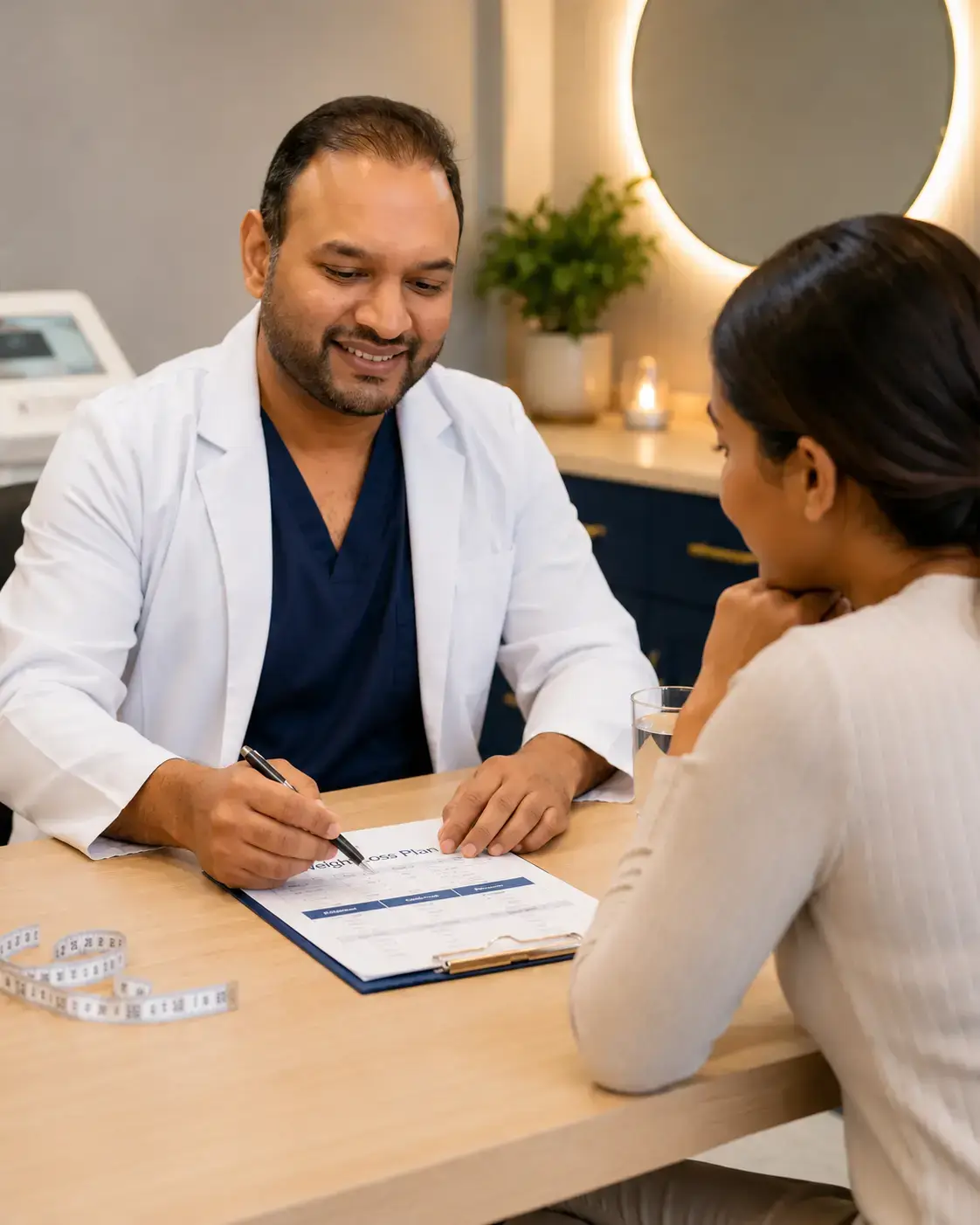 Dr. Rajeev Bangalee discussing a personalised weight-loss plan with a patient at Star Aesthetic Centre, Durban North